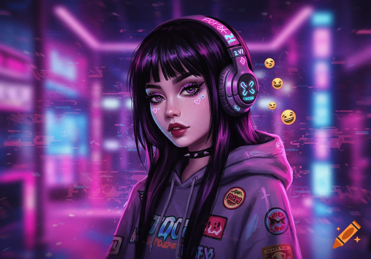 Stylized egirl with dark hair, purple eyes, headphones, choker, and a patched hoodie, against a vibrant neon cyberpunk city background.