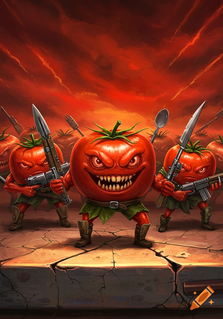 A menacing cartoon army of red tomatoes with angry faces and weapons stands on cracked ground under a dramatic red sky.