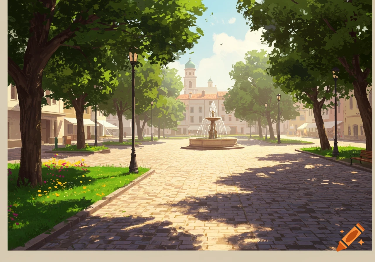 A vibrant illustration of a town square with a large fountain, lush green trees, paved ground with shadows, and old buildings in the background.