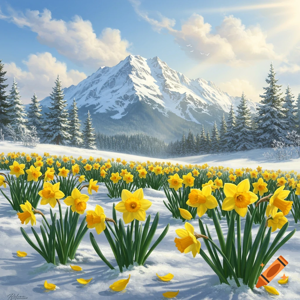 Daffodils blooming in a field of snow with a majestic, snow-capped mountain and pine trees under a blue sky.