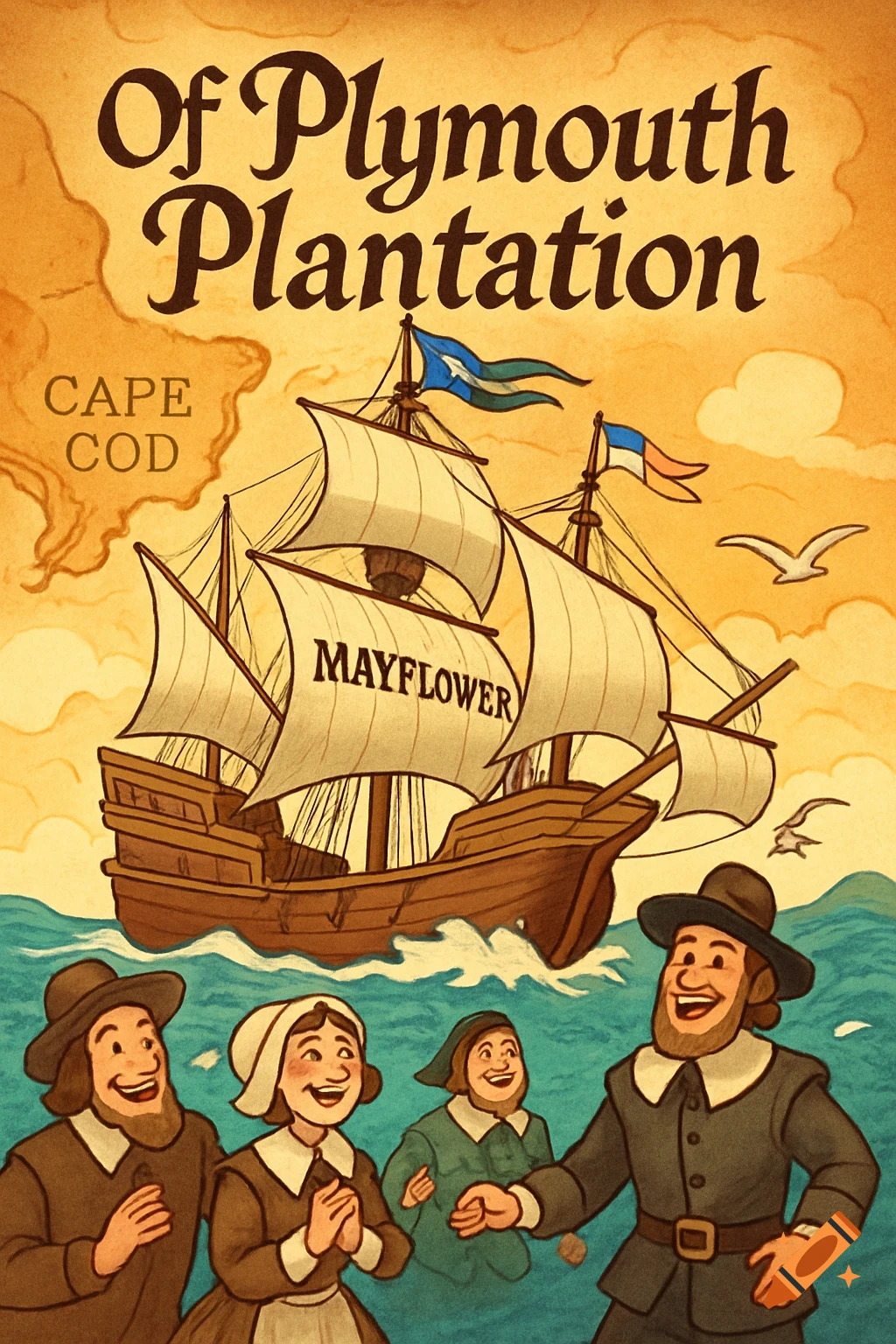 Cartoon illustration of the Mayflower ship sailing near Cape Cod, with happy Pilgrims in the foreground, and text "Of Plymouth Plantation".