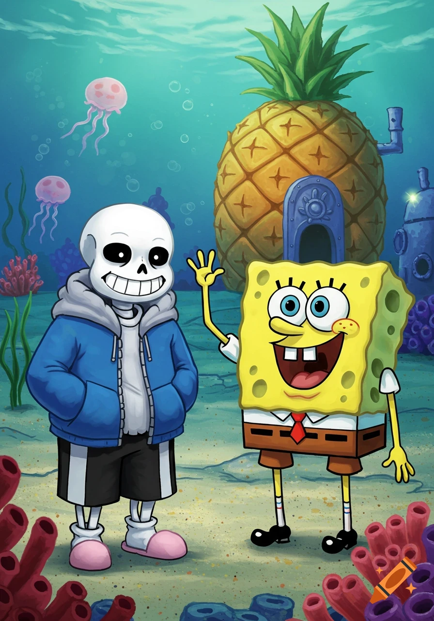 Sans from Undertale and Spongebob Squarepants wave underwater in front of a pineapple house, in a vibrant cartoon style.