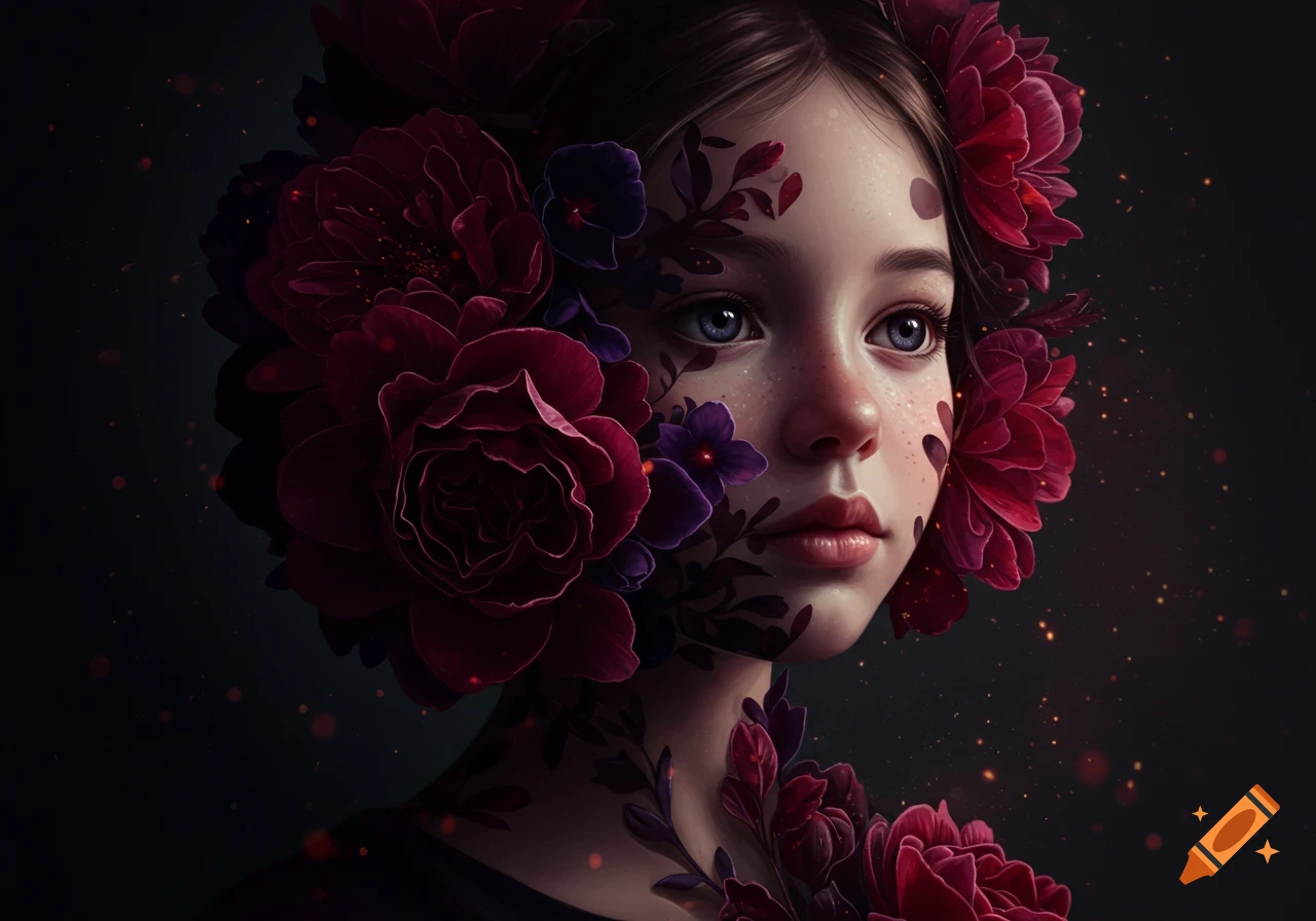Close-up portrait of a young girl with blue eyes, her face adorned with dark red and purple velvet flowers, against a dark, sparkling background.