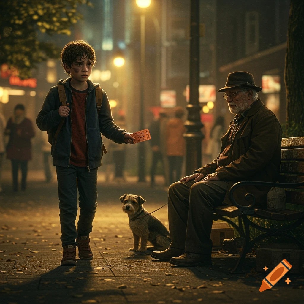 A worried boy offers a ticket to an old man with a dog on a rainy, dimly lit city street, captured in a cinematic style.