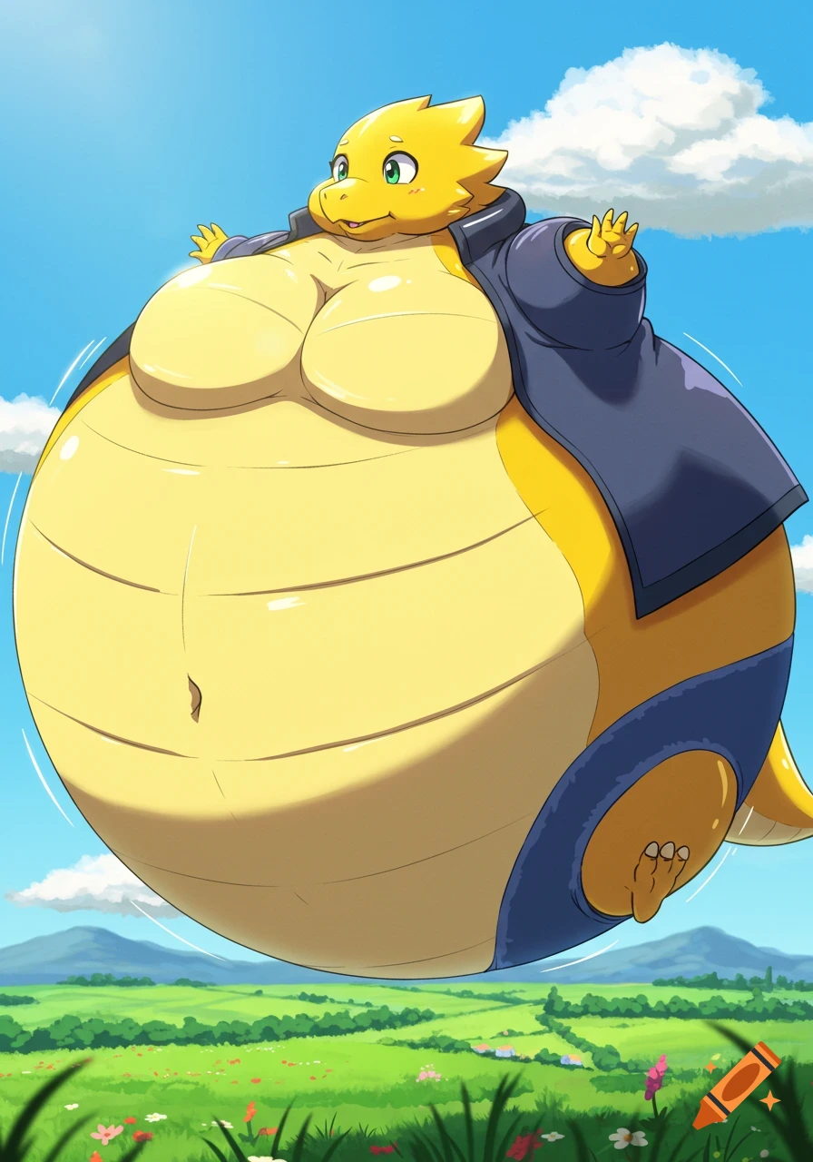 An inflated yellow lizard-like character in a dark blue jacket floats over a green field under a blue sky in an anime style.