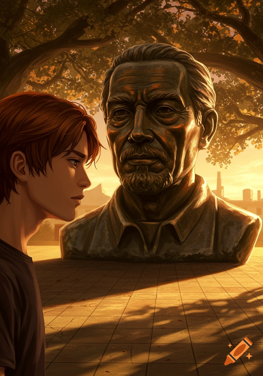 Anime-style illustration of a young man looking at a bronze bust of an older man at sunset, with trees and a city skyline.