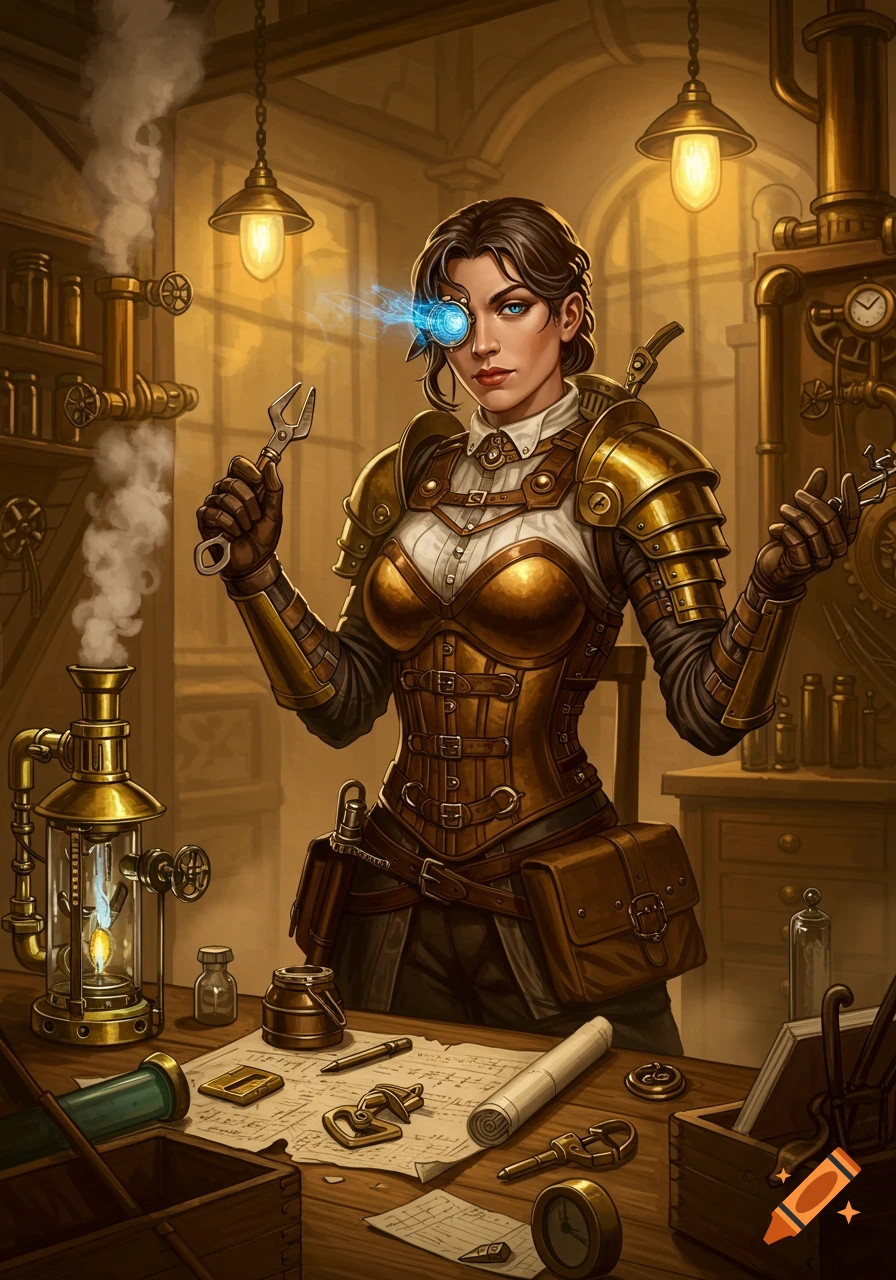 A steampunk artificer woman with a glowing monocle stands in her workshop, holding a wrench amidst tools and schematics.
