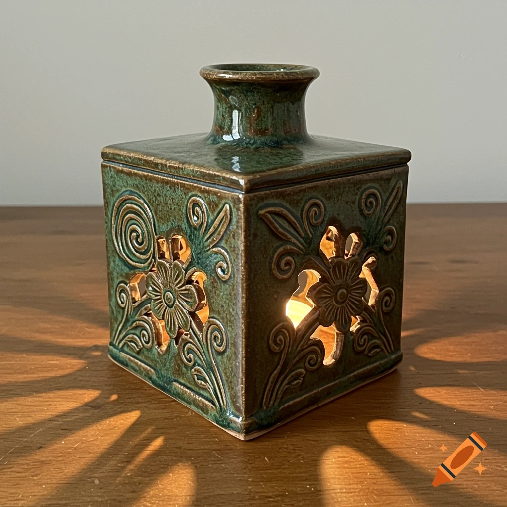 A square, dark green ceramic candle holder with carved floral patterns, illuminated from within, casting shadows on a wooden table.