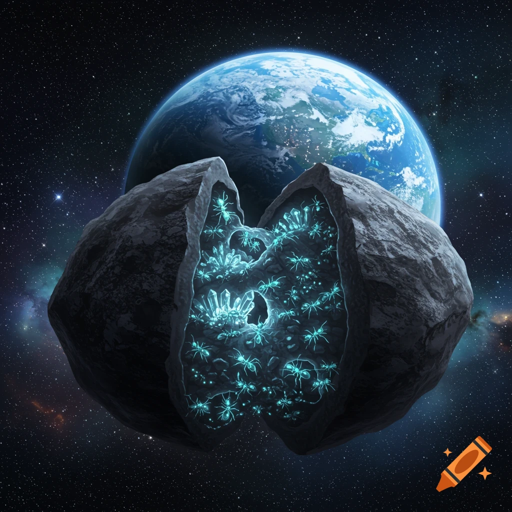 A split asteroid in space reveals a glowing alien ant colony and crystals inside, with Earth visible in the background.