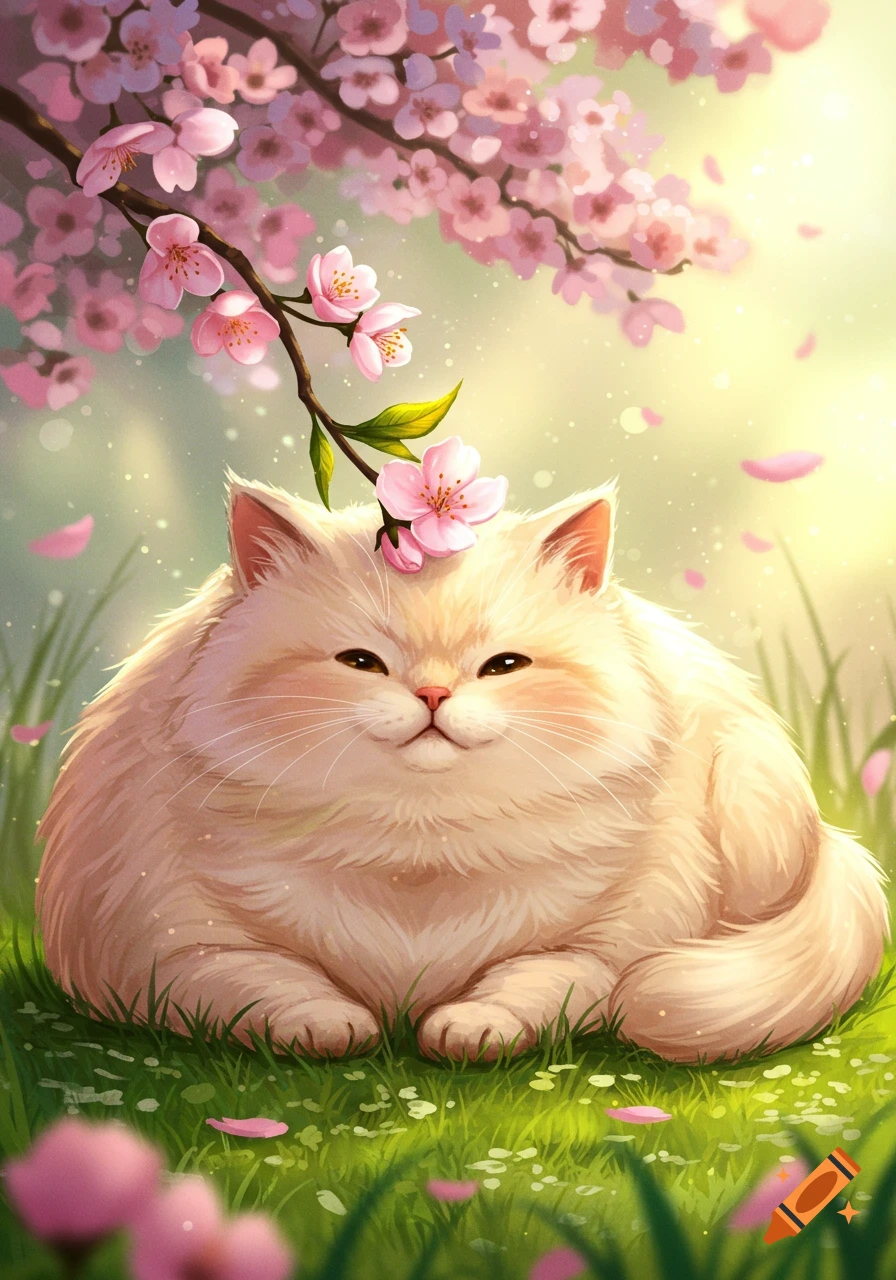 Fluffy, light-colored cat sitting on green grass with a pink cherry blossom on its head, under a blooming cherry tree. Illustrated.