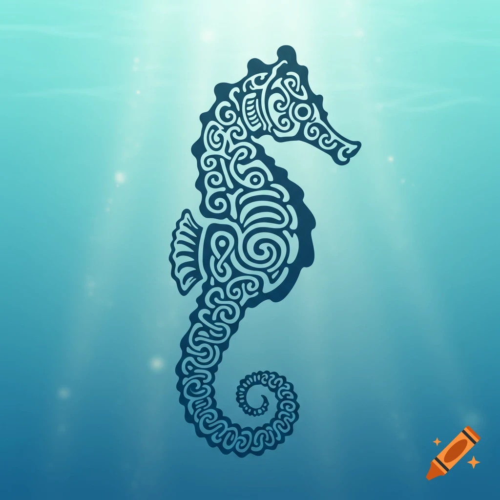 A stylized dark blue seahorse with intricate Celtic knot patterns floats in a light blue underwater scene with sunbeams.