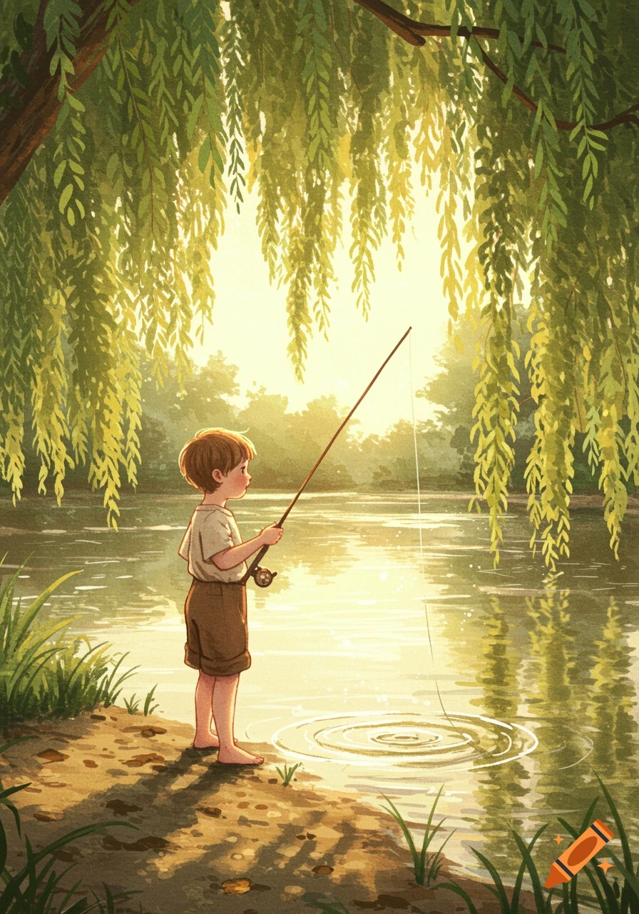 An illustrated young boy fishes barefoot in a sunlit river, shaded by weeping willow trees, with ripples in the water.