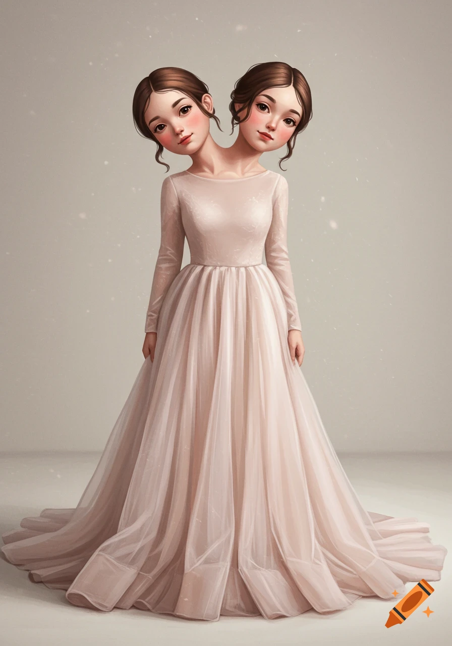 Illustration of a conjoined twin woman with two heads, wearing an elegant long-sleeved tulle ball gown against a neutral background.