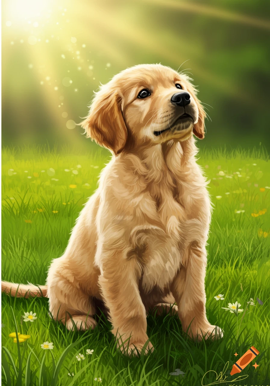 An adorable golden retriever puppy sits in a lush green field under warm sunlight, looking up with bright eyes. Illustrated style.