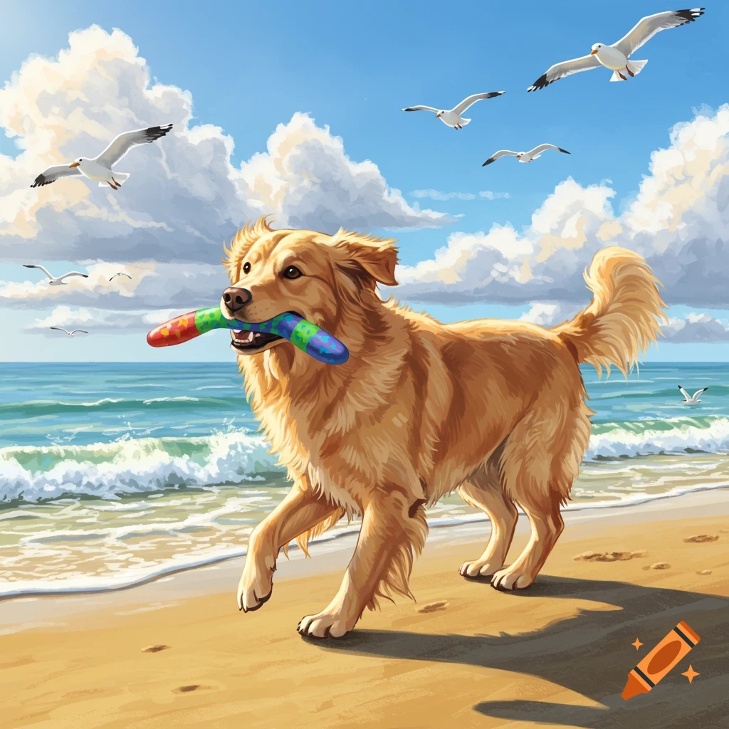 A golden retriever runs on a sunny beach with a colorful toy in its mouth, seagulls fly overhead.