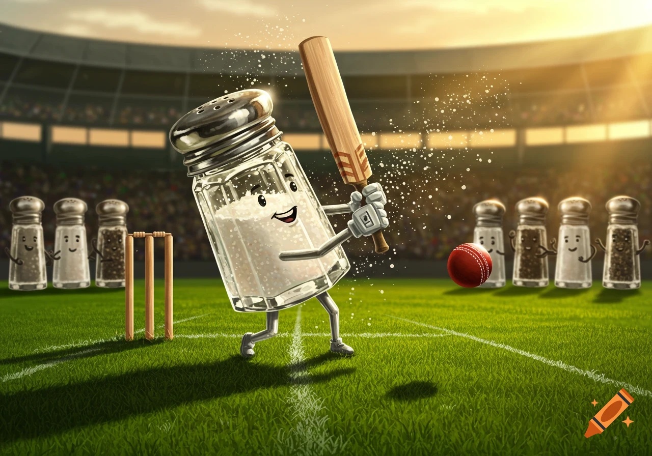 A cheerful cartoon salt shaker bats a red cricket ball, scattering salt, on a green field with other shakers watching in a stadium.