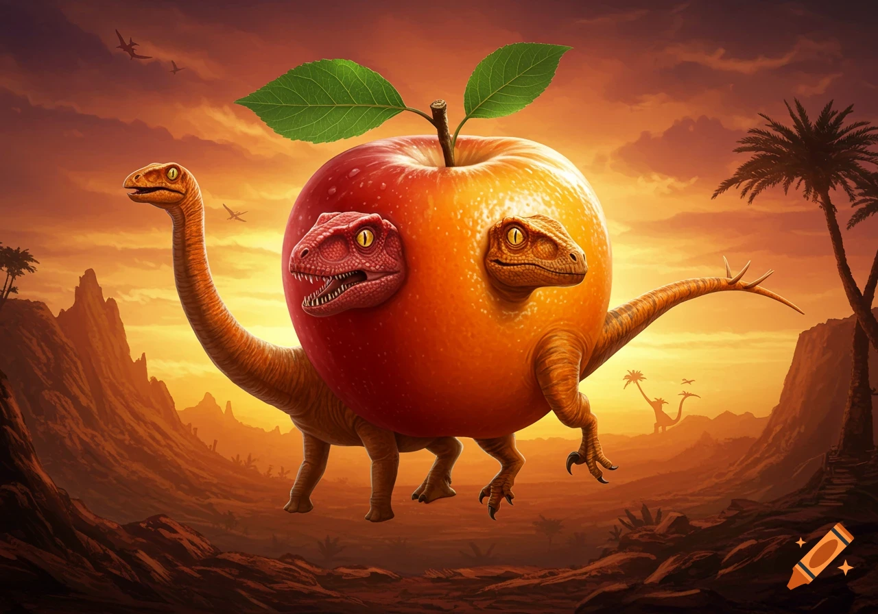 A surreal apple with two dinosaur heads and a dinosaur body in a prehistoric landscape at sunset.