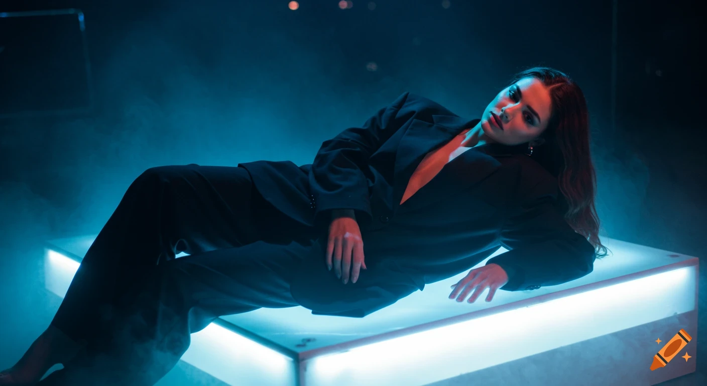 A brunette woman in an oversized black suit lies on a neon-lit platform in a smoky, dark, cinematic setting.