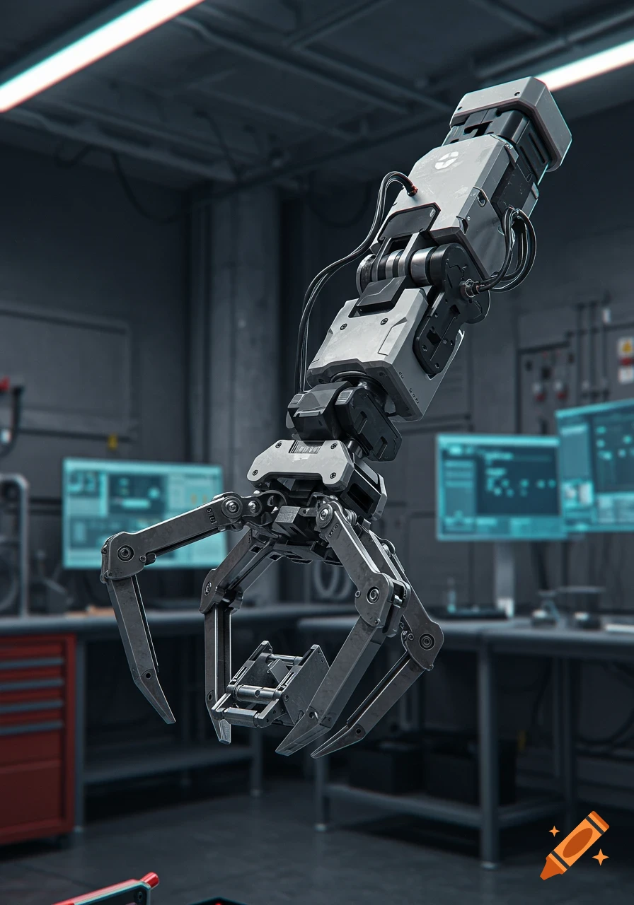 A detailed, photorealistic robotic claw arm with exposed wires and joints, suspended in a dimly lit industrial workshop.