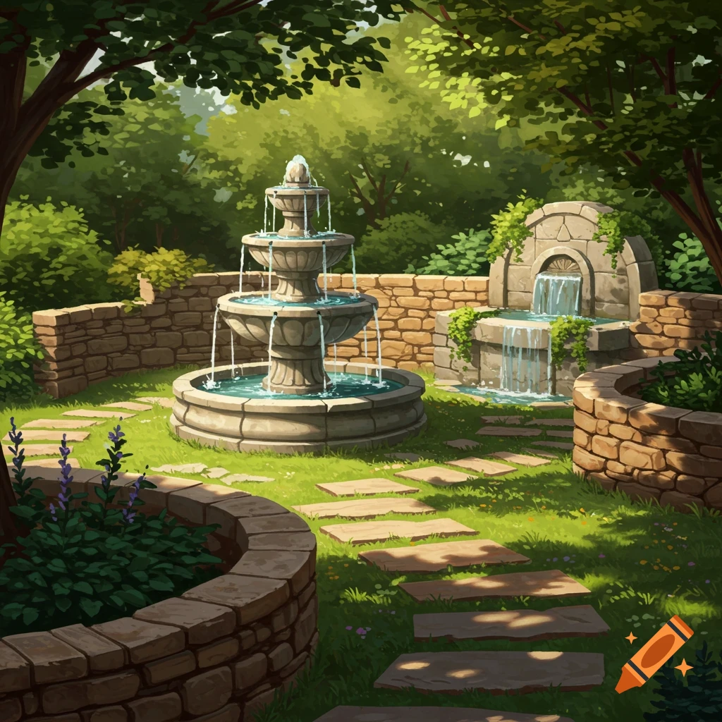 A serene garden with a three-tiered stone fountain, stone walls, a flagstone pathway, and lush green trees.