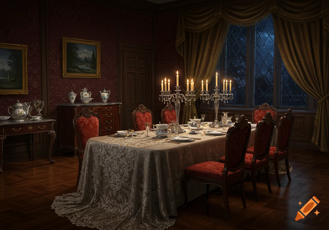 Elegant, dimly lit Victorian dining room with a set table, candelabras, red chairs, and ornate window drapes.