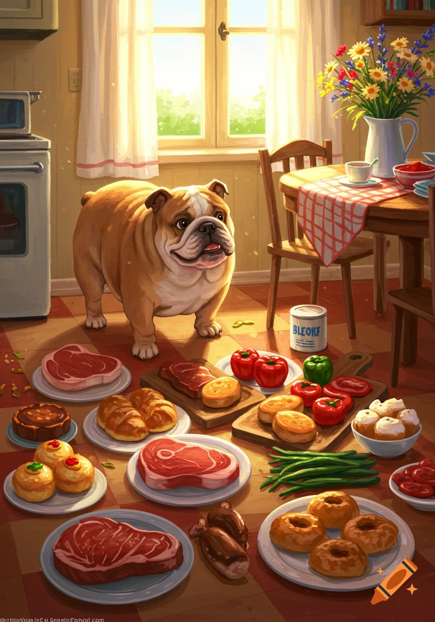A happy bulldog looks at a large spread of food including raw meat, pastries, and vegetables on a kitchen floor, in an illustrative style.