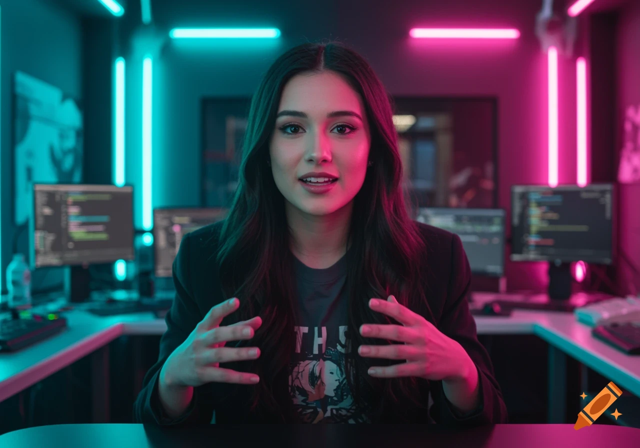 Photorealistic portrait of a woman in a black blazer and graphic tee, gesturing in a neon-lit tech office.
