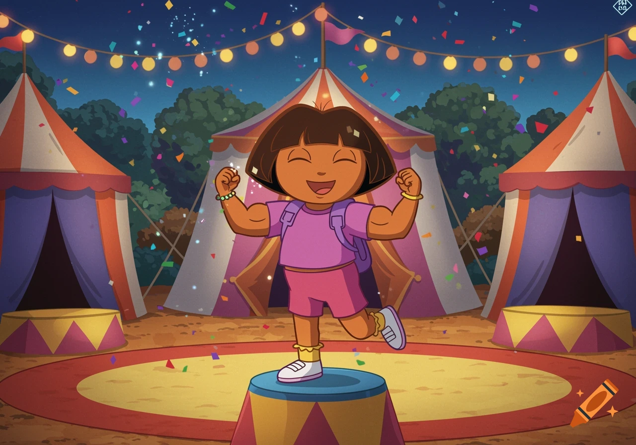 Dora the Explorer flexing her bicep muscles and laughing on a circus podium with tents and confetti.