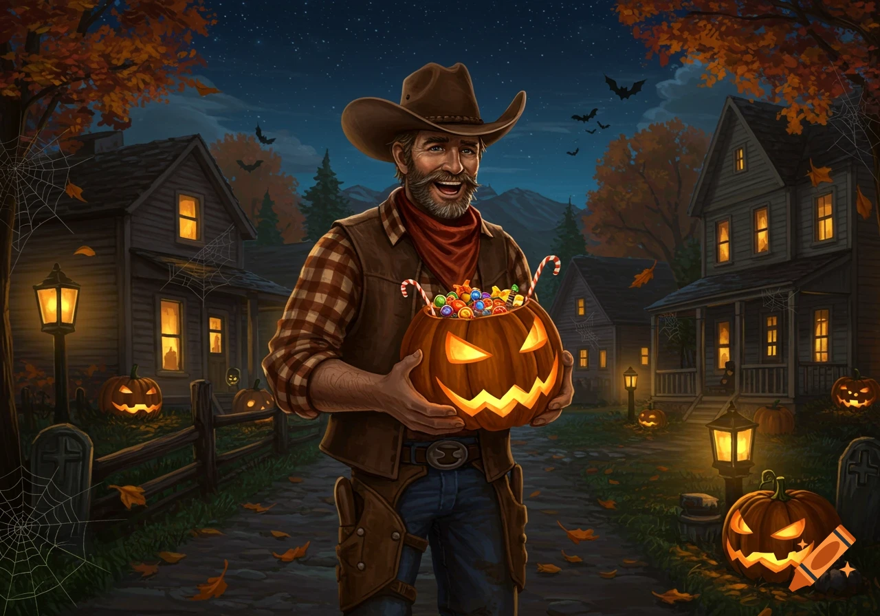 A smiling cowboy in a hat holds a glowing pumpkin full of candy on a Halloween night street with houses and jack-o'-lanterns.