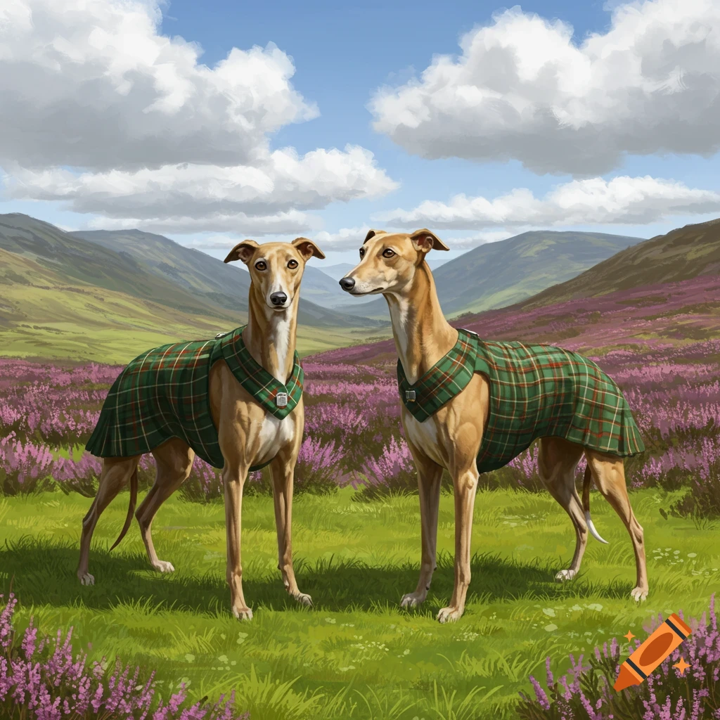 Two tan greyhounds wearing green plaid kilts stand in a Scottish glen with purple heather and mountains under a cloudy sky.