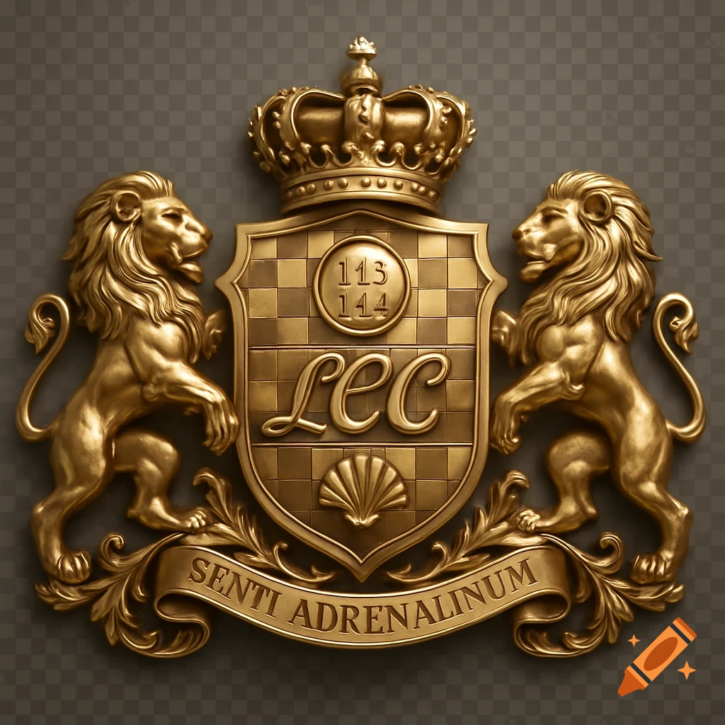 Detailed golden heraldic crest featuring a crown, two lions, a shield with 'LCC', numbers '113 144', a seashell, and a banner with 'SENTI ADRENALINUM' motto, all in polished brass.