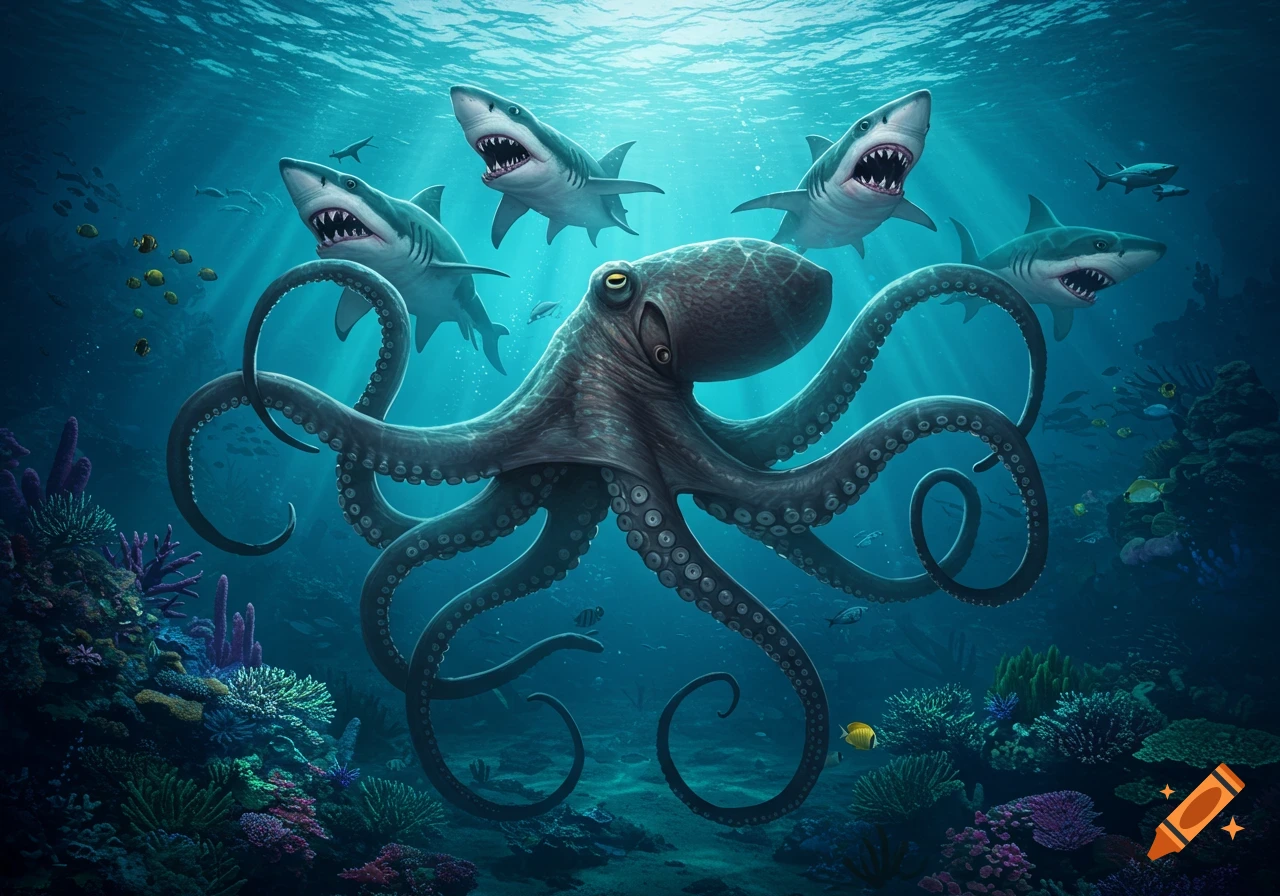 A large octopus with swirling tentacles is surrounded by four fierce sharks in a vibrant blue ocean with colorful coral reefs.