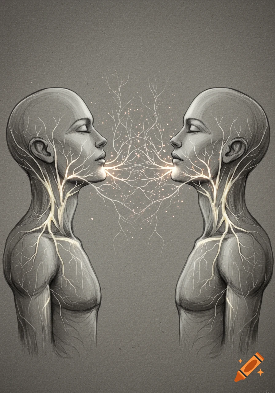 Two sketched figures with closed eyes, facing each other as glowing nerve endings connect between their mouths and bodies.