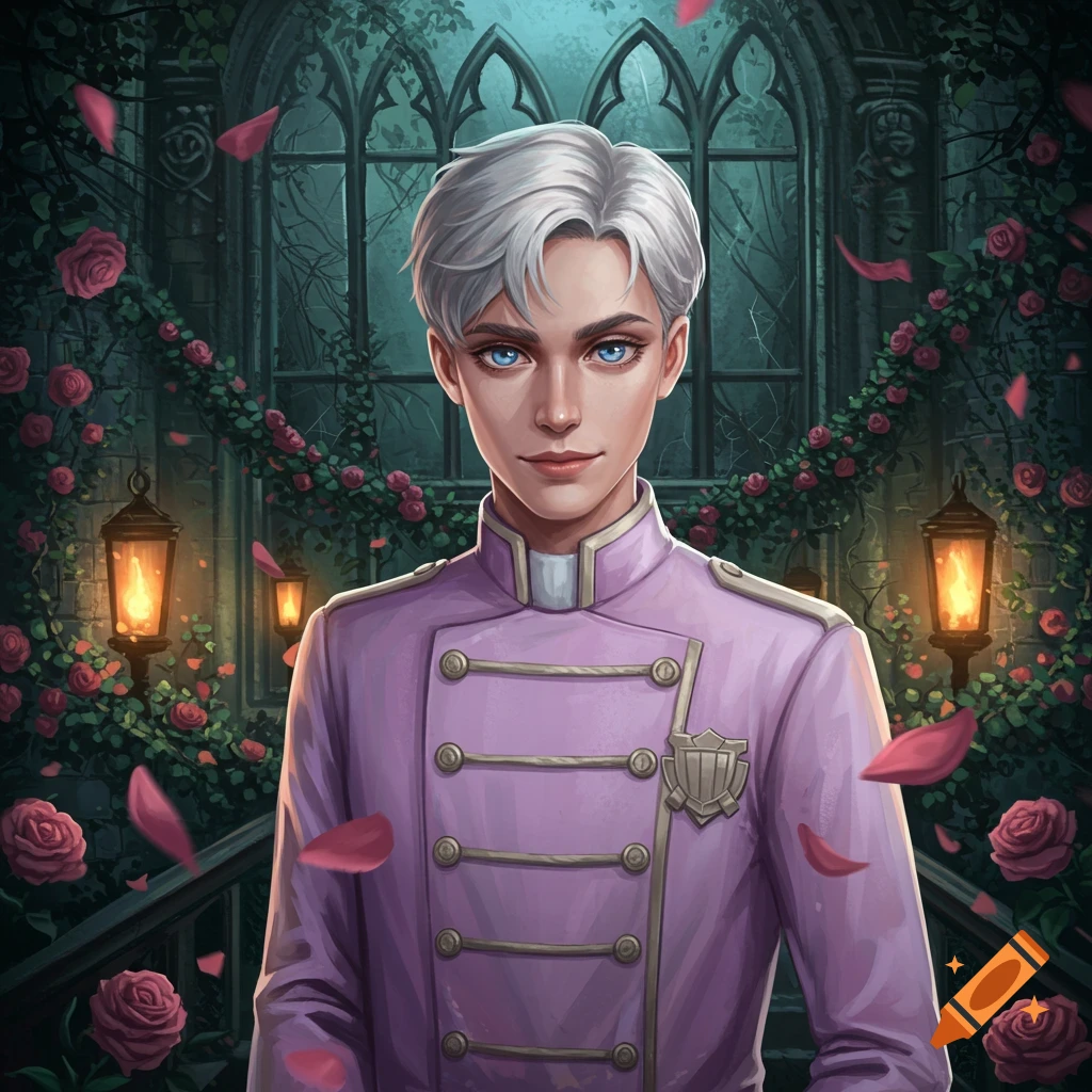 Stylized portrait of a white-haired man in a lavender uniform with blue eyes, surrounded by roses and a gothic window.