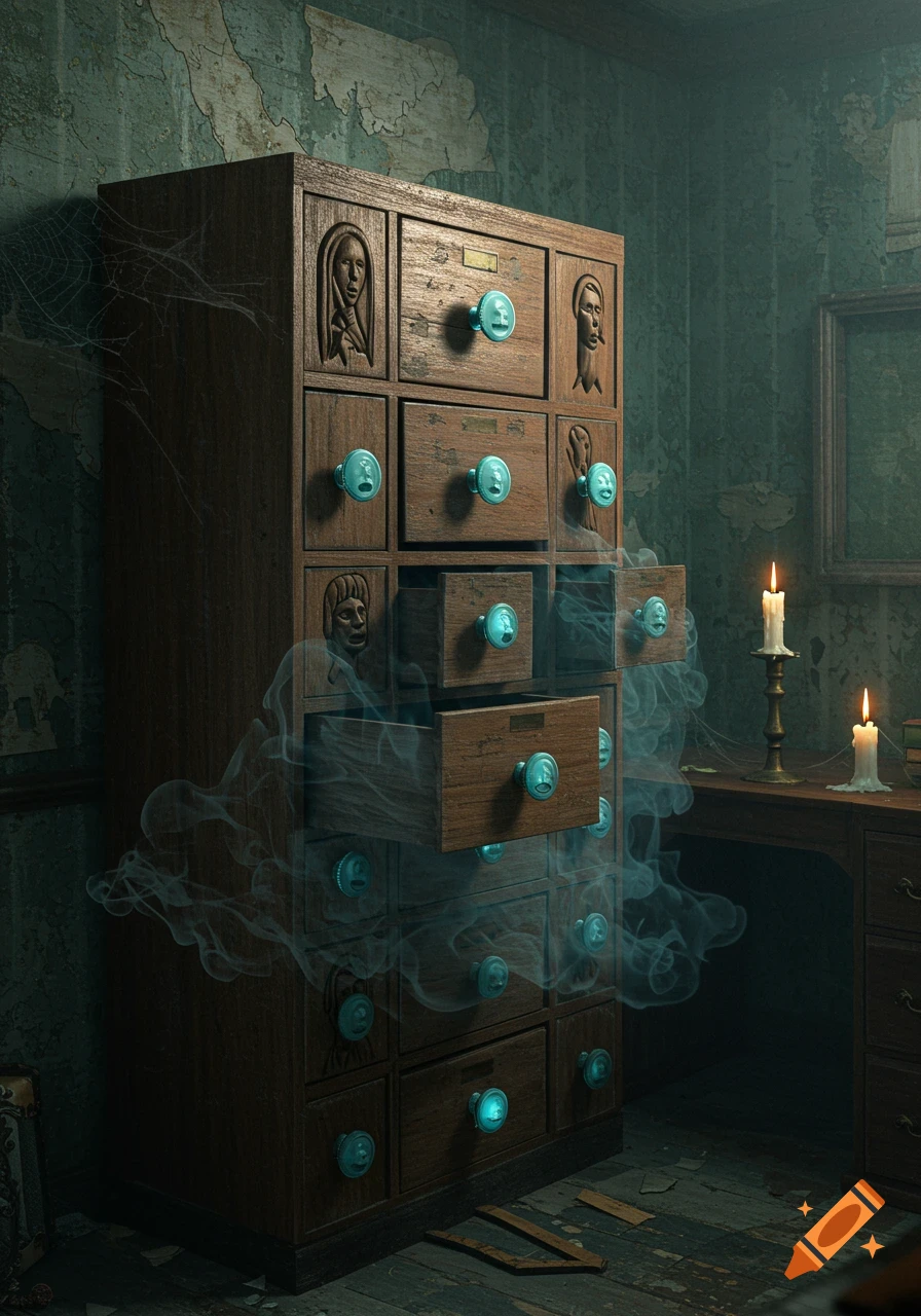 A spooky, old wooden file cabinet with carved faces and glowing blue knobs, emitting smoke from its drawers in a dark, dilapidated room.