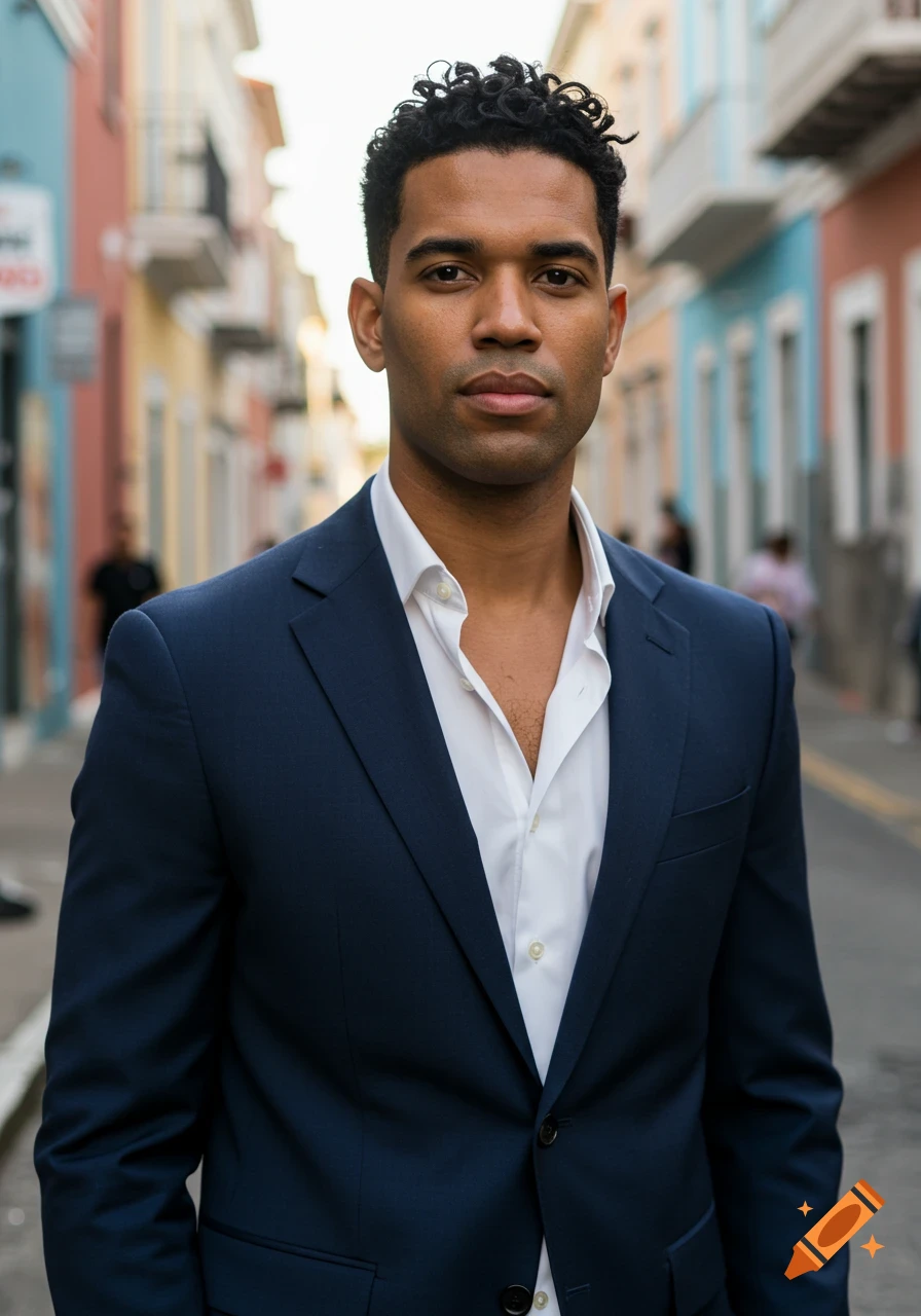 A man in a navy suit and white shirt stands on a colorful city street.