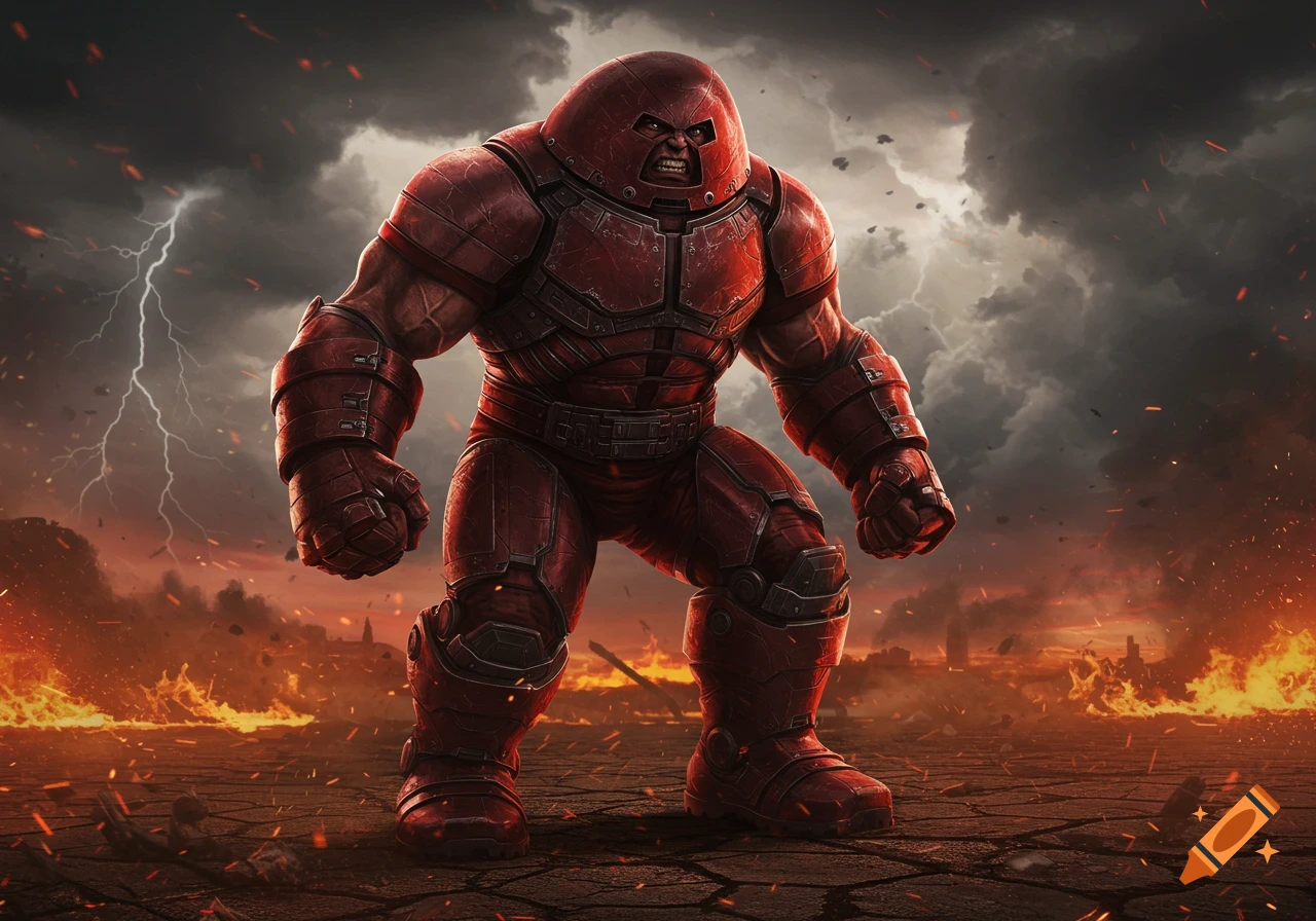 Muscular Juggernaut in red armor stands on cracked ground with a stormy, fiery apocalyptic background.