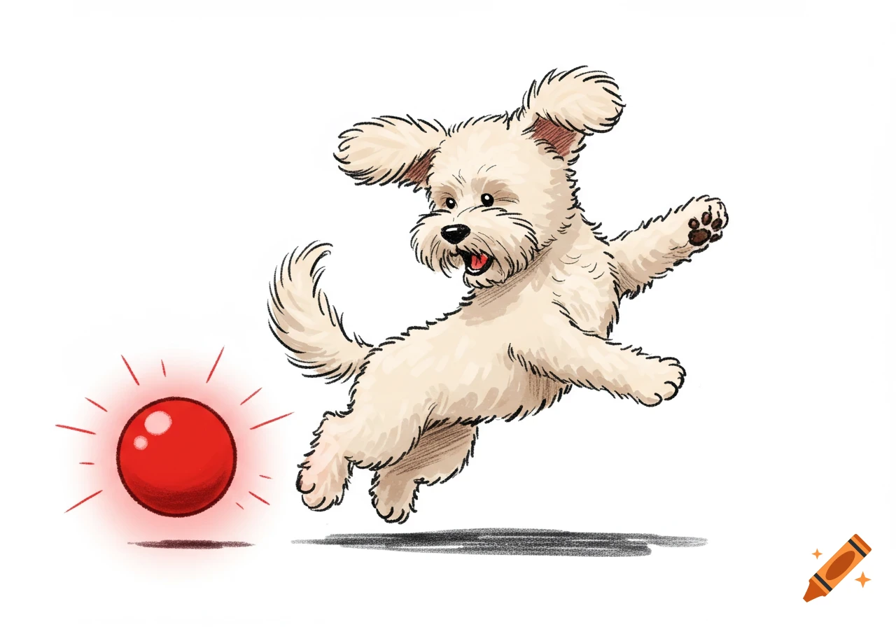 Cartoon doodle of a white fluffy dog jumping to kick a glowing red ball.
