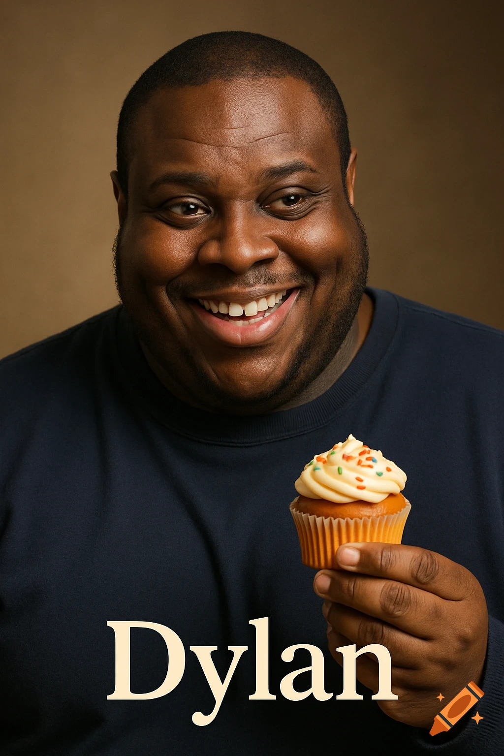 A smiling man in a dark blue shirt holds a cupcake, with the name 'Dylan' in large letters below him. Photorealistic.