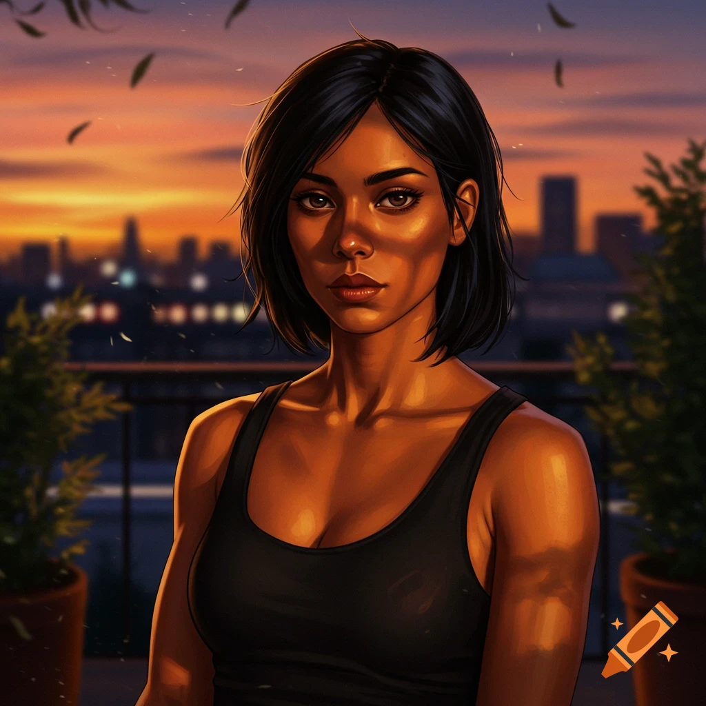 Illustrative portrait of a woman with short black hair and tanned skin in a black tank top, on a balcony overlooking a city at sunset.