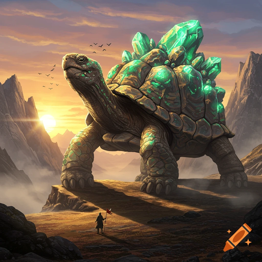 A giant crystal turtle stands on a cliff overlooking a valley at sunset, with a small figure holding a flag.