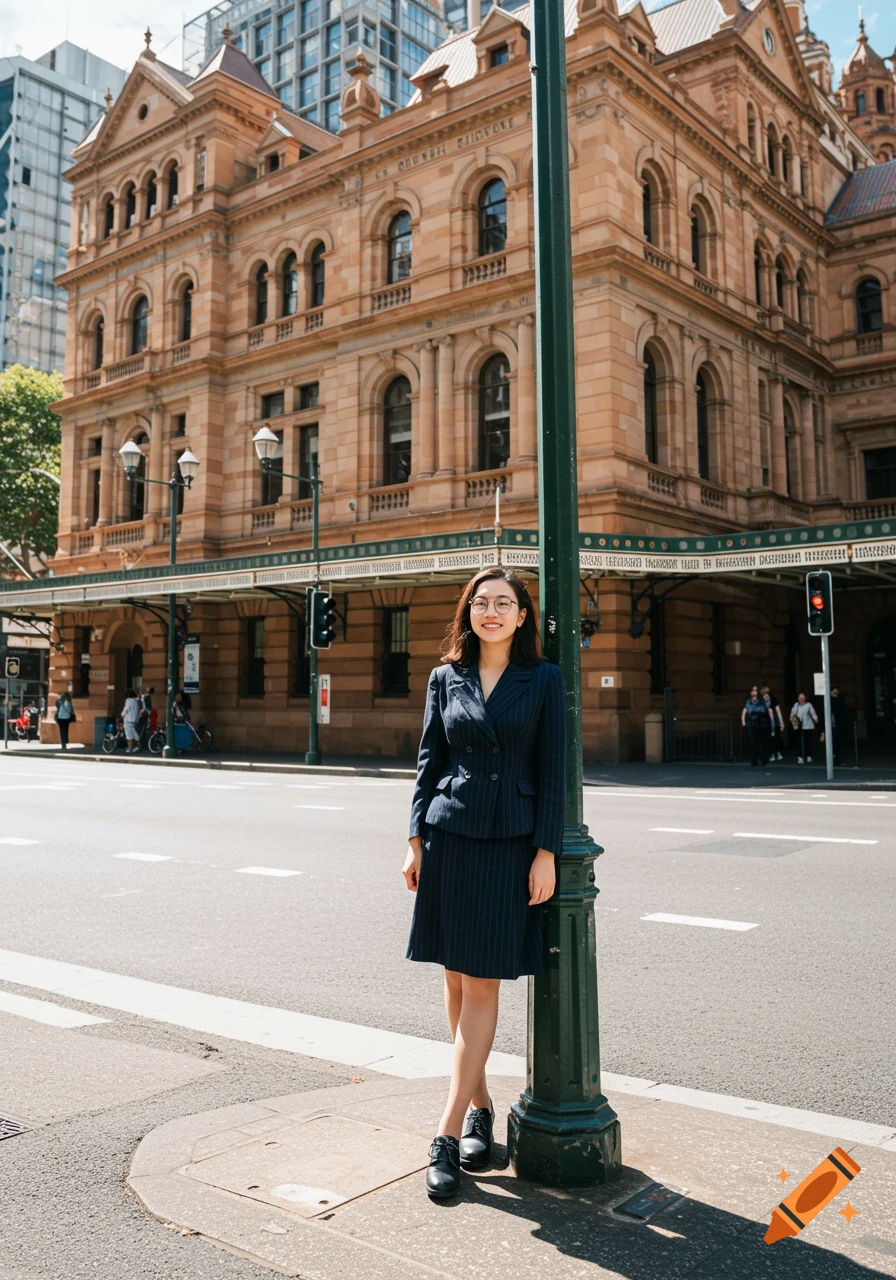 A smiling woman in a navy pinstripe suit and glasses stands on a sunny city street corner in front of a grand, ornate building.
