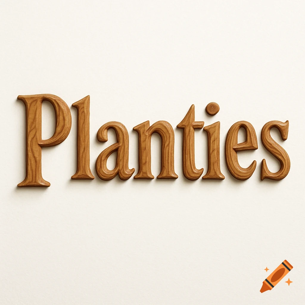 The word 'Planties' rendered in a realistic wooden texture on a plain white background.