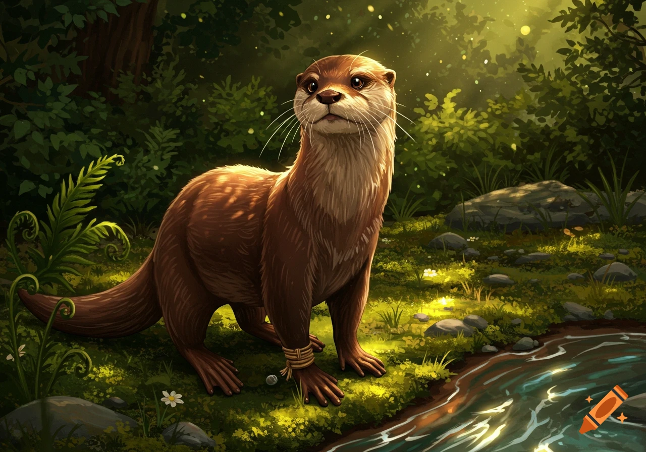 A brown otter with a rope on its leg stands by a stream in a sun-dappled green forest, illustrated in a vibrant style.