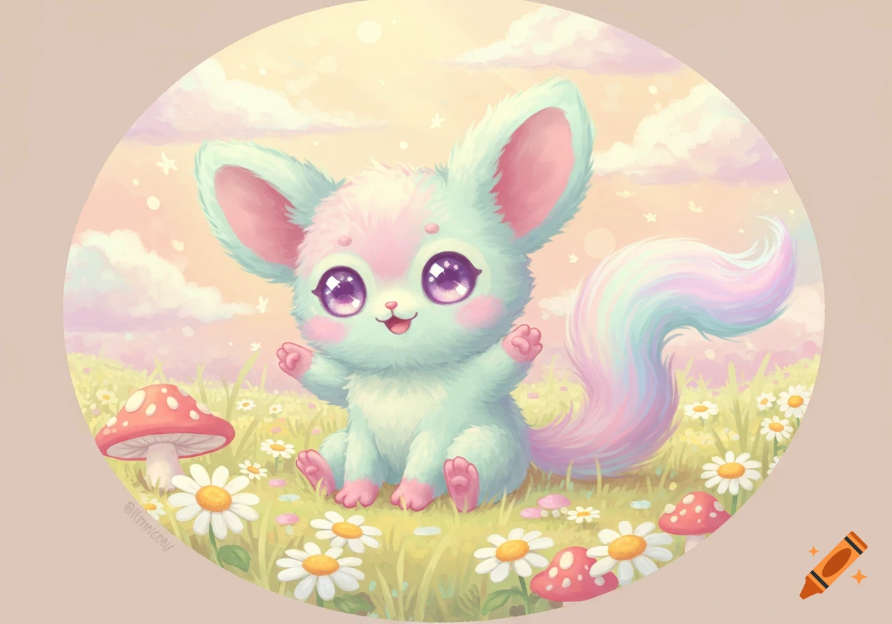 A fluffy pastel blue and pink kawaii creature with large ears and purple eyes sits in a field of daisies and mushrooms under a cloudy sky, in an illustration.