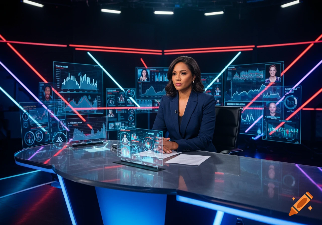 A woman in a blue suit sits at a desk in a futuristic news studio, surrounded by holographic displays and glowing digital screens with data.