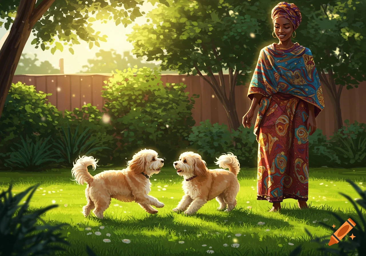 An African woman in a colorful headscarf and dress stands smiling in a sunny backyard while two light brown dogs play on the grass.