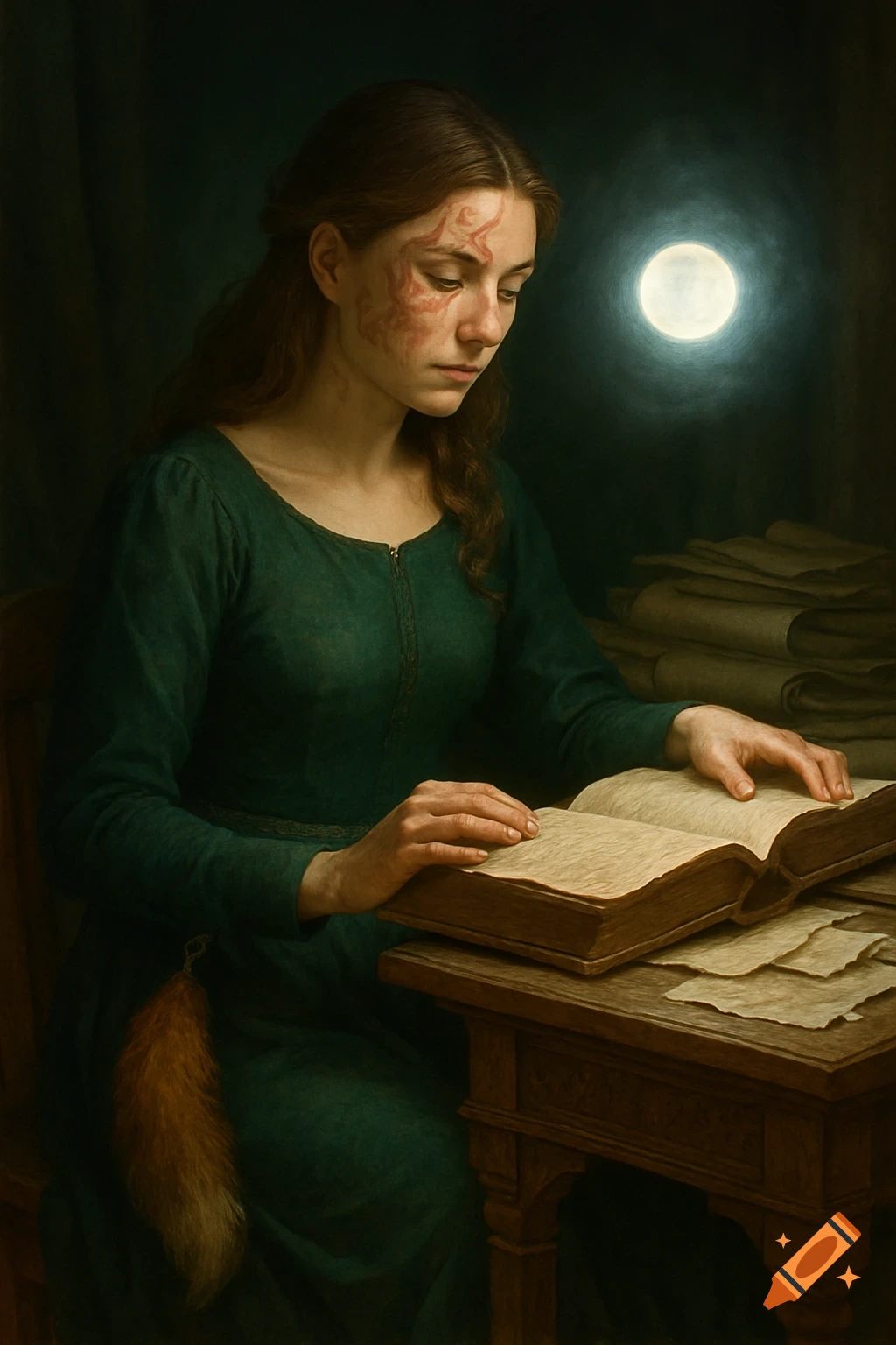 A young woman with a fox-inspired face tattoo and a fox tail at her belt reads a large book by moonlight at a wooden desk.