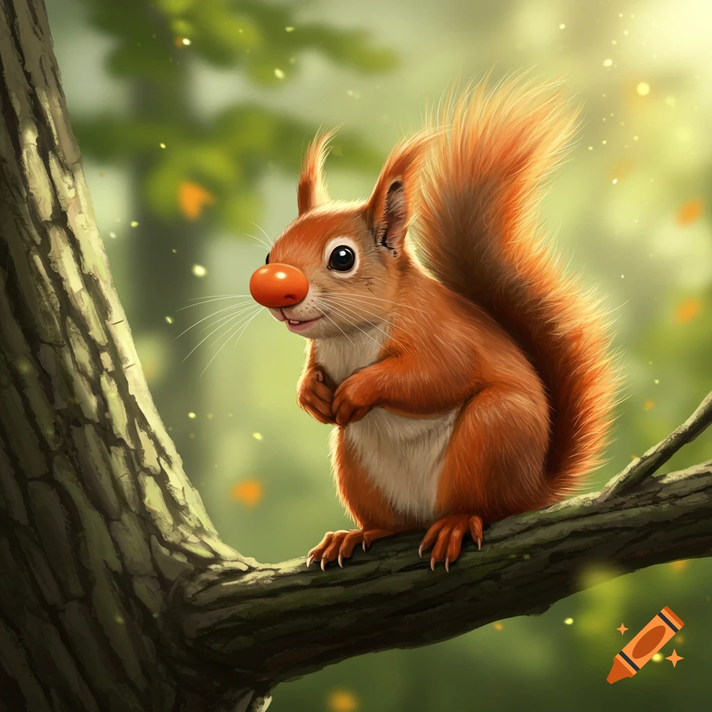 A cartoon red squirrel with a bright orange clown nose sits on a tree branch in a sunny forest.