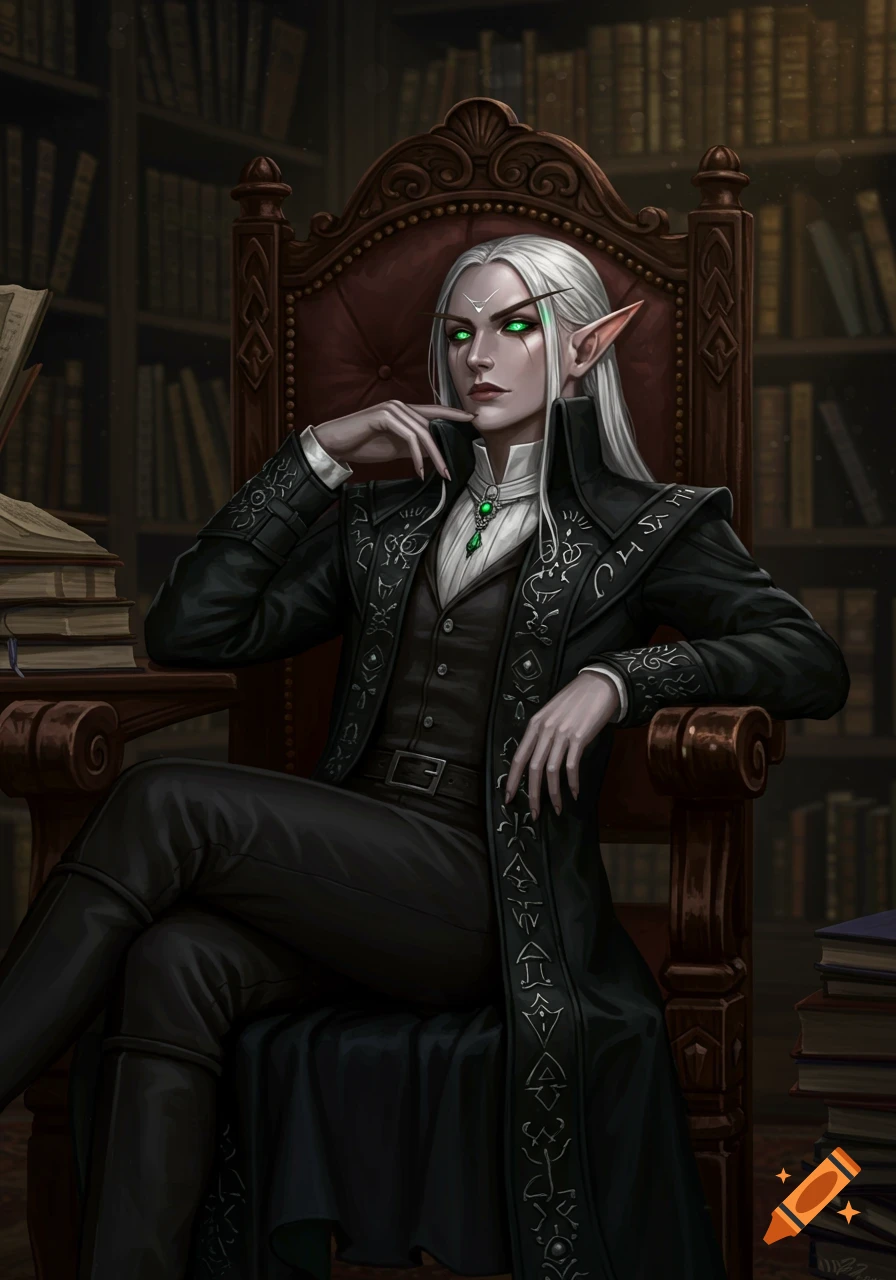 A female elf with pale skin, green eyes, and white hair, dressed in a dark, intricately embroidered coat, sits in a gothic library.